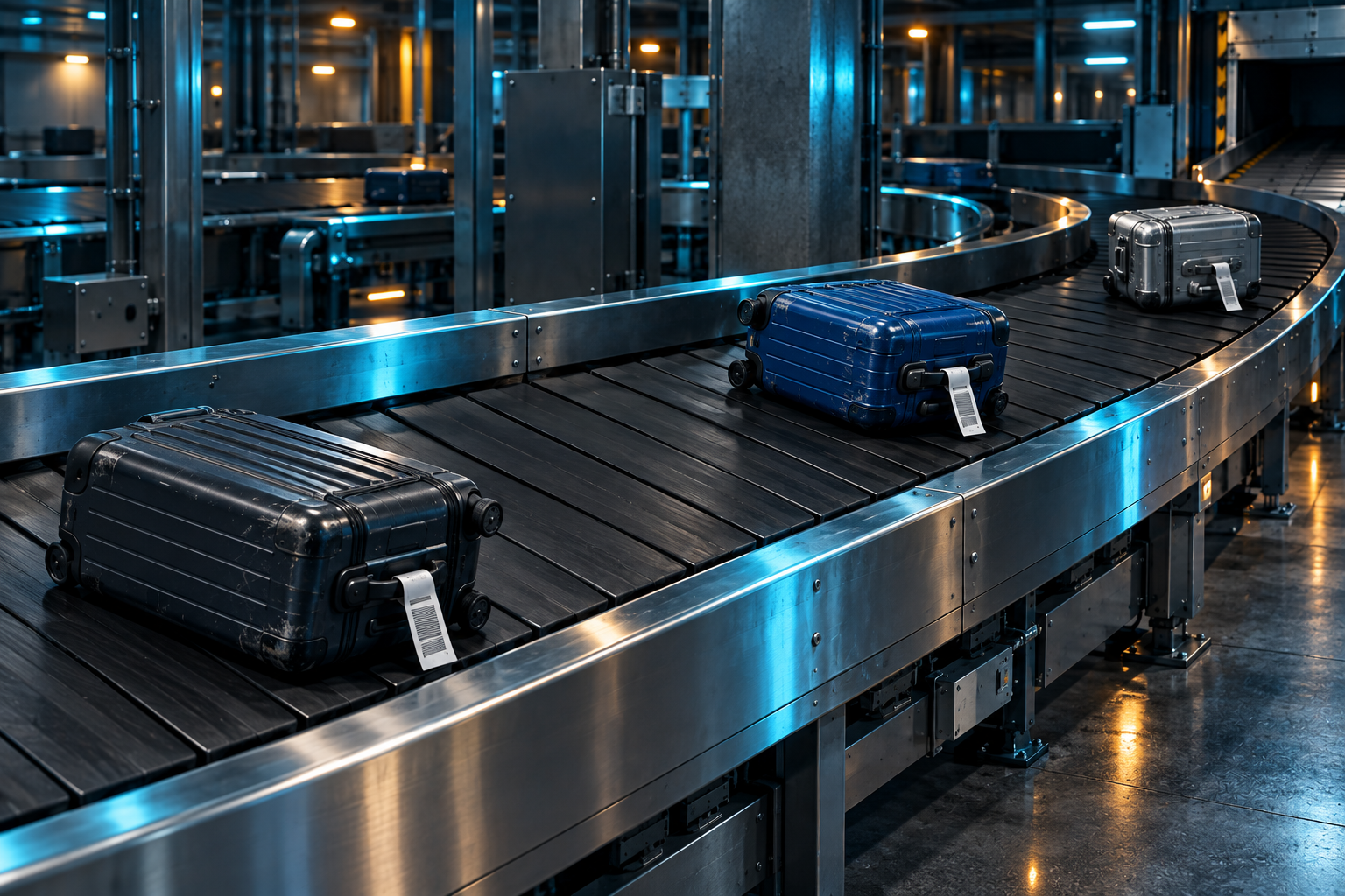 Tagged suitcases moving along a curved airport baggage conveyor in blue and amber light