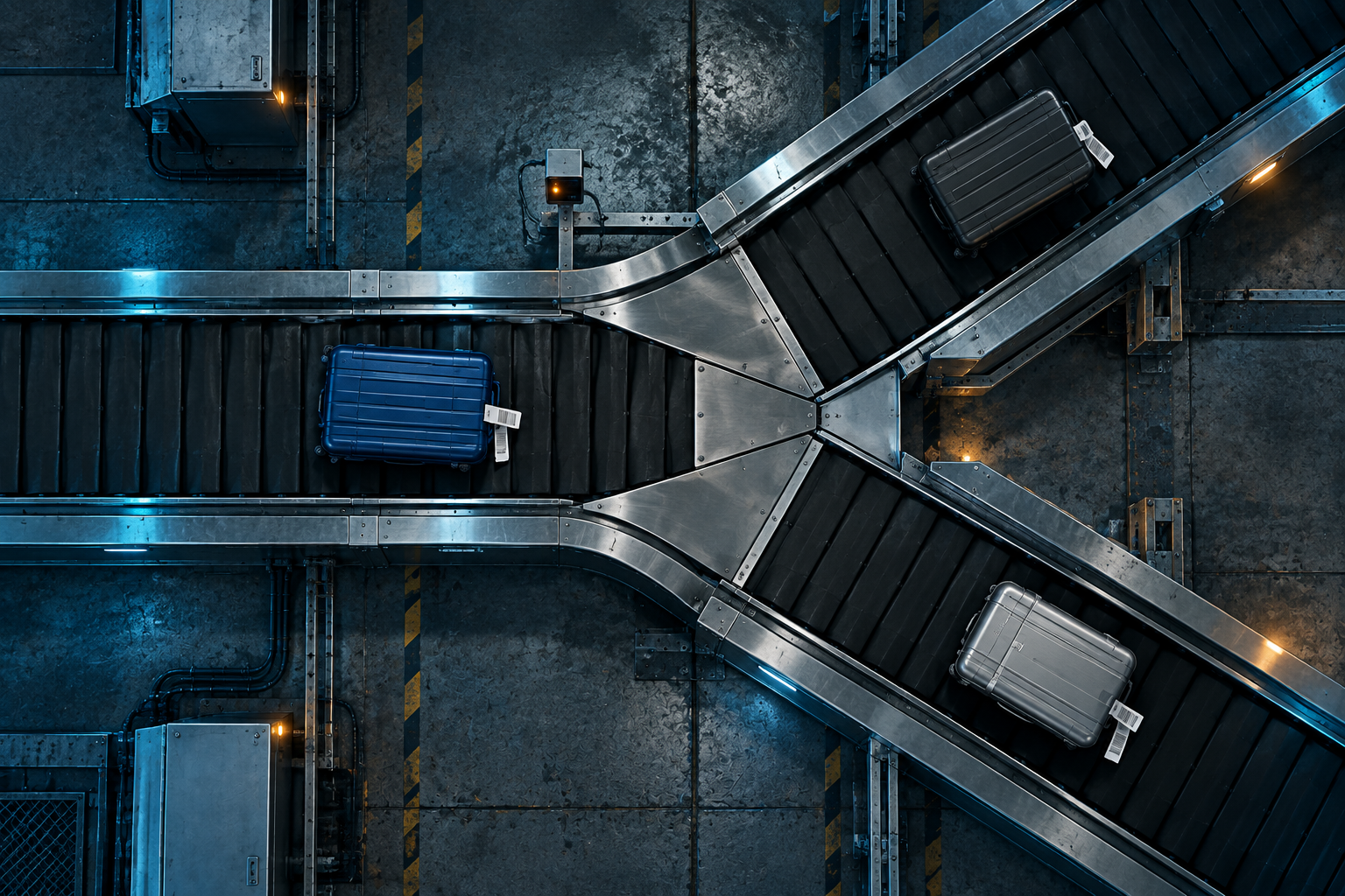 Overhead view of tagged bags at an airport conveyor routing junction