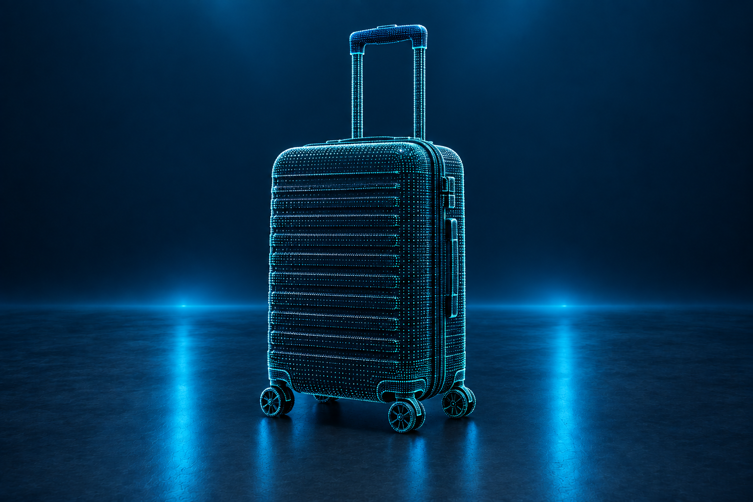 Carry-on suitcase represented as a cyan three-dimensional point cloud