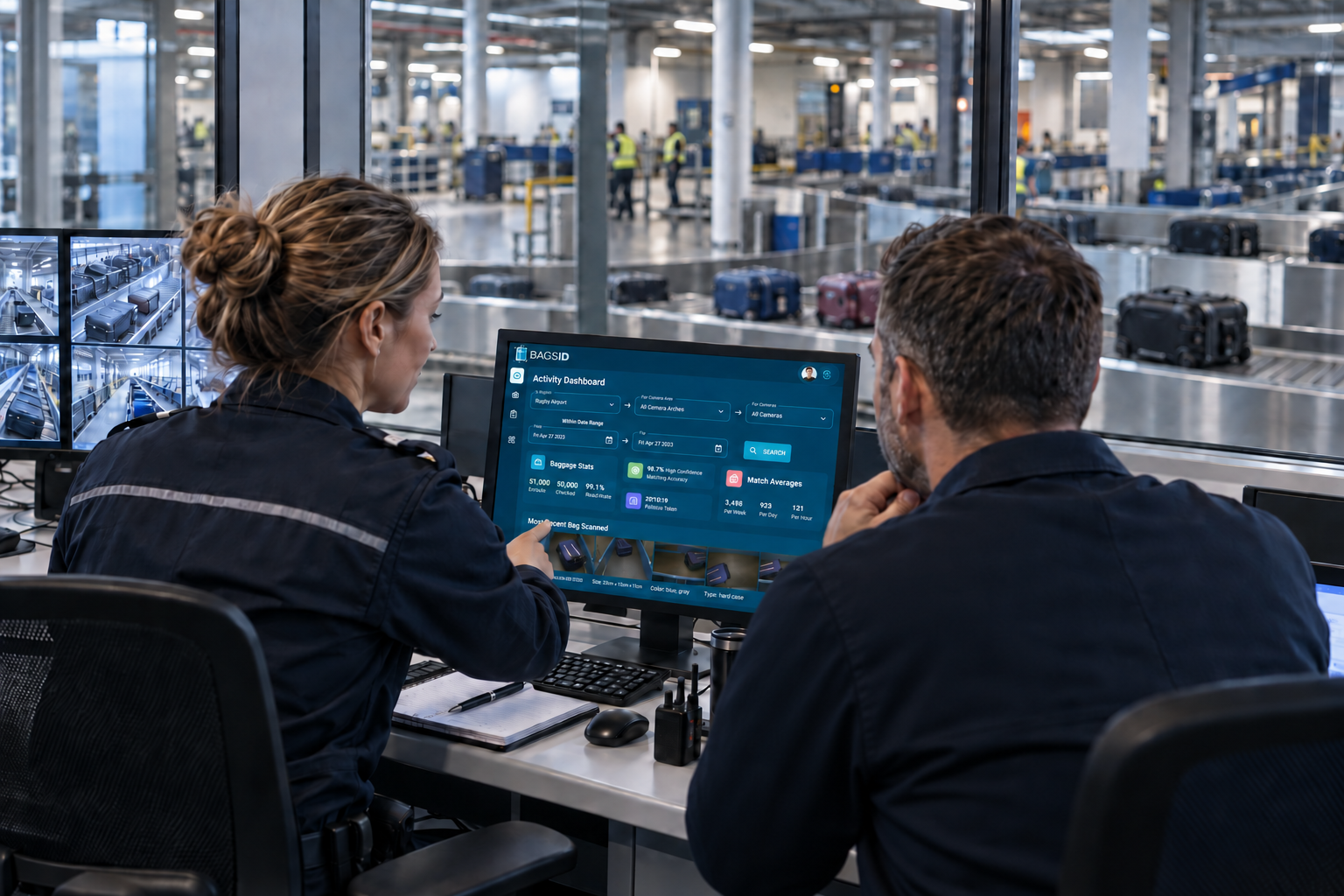 Airport operations team reviewing the BagsID Activity Dashboard in a control room