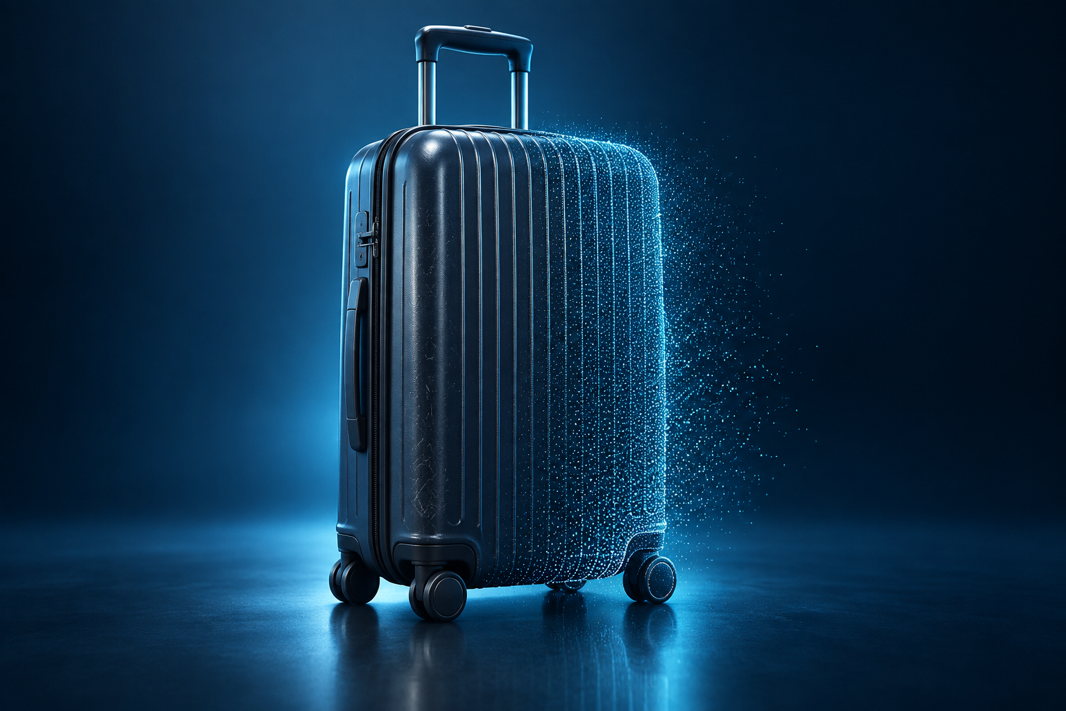 Illustration of a suitcase transitioning from a physical bag to a cyan digital point cloud