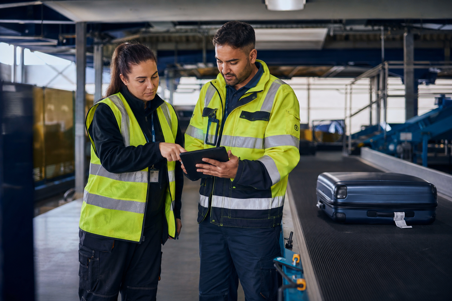 Baggage operations staff using a tablet to review information together